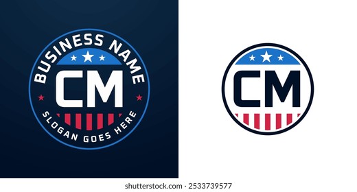 Design patriótico do logotipo CM. Letra CM Logo com bandeira e estrela americanas, Design Patriótico