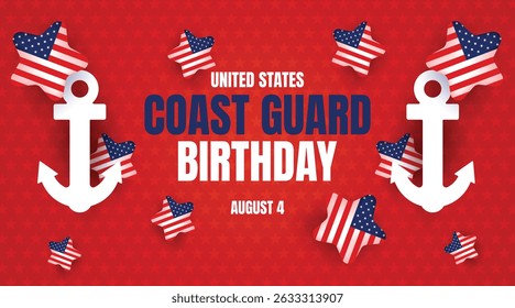 Patriotic Coast Guard Birthday artwork featuring bold text, stars, and red-blue color scheme. A powerful tribute to the US Coast Guard on August 4.