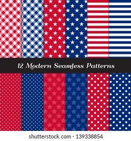 Patriotic Colored Stars, Stripes, Polka Dot and Gingham Patterns in Red, White and Blue. Perfect as 4th of July or Nautical background. Pattern Swatches made with Global Colors.