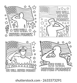 Patriotic Coloring Page with American Flag Soldier Crosses and Torch
