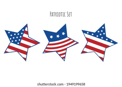 Patriotic colors star set for t shirt print, party signboard, home decor banner, label. Star american flag design, decorative element to celebrate 4th of July, Independence Day. Vector illustration.