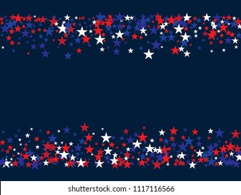 Patriotic Confetti 4th Of July, Independence Day Of America Stars. Falling Stars Texture, USA Confetti Border In Blue, Red, White. US Independence Day, 4th Of July, National Symbols Ads Background.