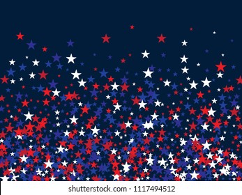 Patriotic Confetti 4th of July, Independence Day of America Stars. Flying Stars Texture, USA Blue, Red, White Confetti Banner. US Independence Day, 4th of July, National Symbols Advert Background.