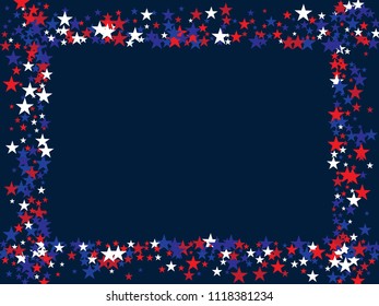Patriotic Confetti 4th of July, Independence Day of America Stars. Flying Stars Pattern, USA Confetti Frame in Blue, Red, White. 4th of July, US Independence Day, National Symbols Modern Background.