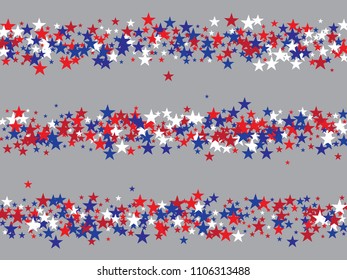 Patriotic Confetti Stars 4th of July, Independence Day of America. Falling Stars Pattern, USA Confetti Frame in Blue, Red, White. US Independence Day, 4th of July, National Symbols Trendy Background.