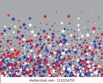 Patriotic Confetti Stars 4th of July, Independence Day of America. Falling Stars Pattern, USA Confetti Frame in Blue, Red, White. US Independence Day, 4th of July, National Symbols Ads Background.