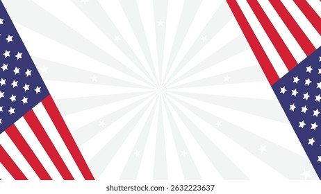 Patriotic corner flag layout with stars and stripes on bright radial rays.