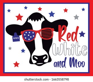 Patriotic cow face with american sunglasses and stars. Cartoon vector ilustration of cow. Red white and moo.