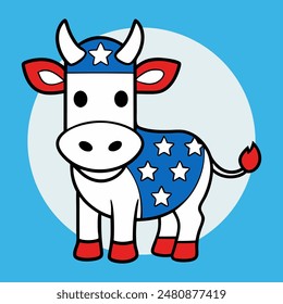 Patriotic cow wearing hat and costume in colors of the American flag, celebrating 4th July independence day. Cute cartoon patriotic animal character. 