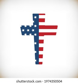Patriotic Cross for t shirt print, banner, poster, mug. USA Flag Cross, Christian t shirt design, decorative element to celebrate 4th of July, Independence Day. Religious patriotic theme illustration.