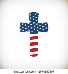 Patriotic Cross for t shirt print, banner, poster, mug. USA Flag Cross, Christian t shirt design, decorative element to celebrate 4th of July, Independence Day. Religious patriotic theme illustration.