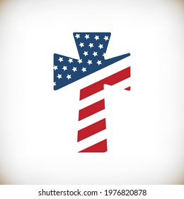 Patriotic Cross for t shirt print, banner, poster, mug. USA Flag Cross, Christian t shirt design, decorative element to celebrate 4th of July, Independence Day. Religious patriotic theme illustration.