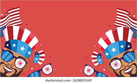 Patriotic crowd with Uncle Sam hats and flags cheering against bold red background