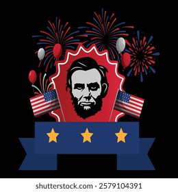 Patriotic President’s Day T-Shirt Design Featuring Abraham Lincoln, USA Flags, and Fireworks