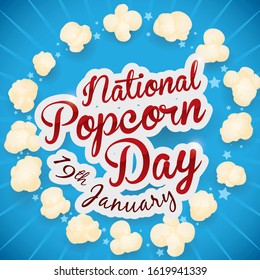 Patriotic design with American flag colors and delicious popped corn that circle a greeting message for National Popcorn Day celebration in January 19.