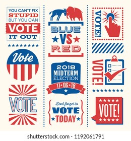 Patriotic design elements and motivational messages to encourage voting in United States 2018 election. For web banners, cards, posters, stickers