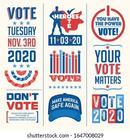 Patriotic design elements and motivational messages to encourage voting in United States 2020 election. For web banners, social media, posters, stickers 