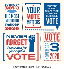 Patriotic design elements and motivational messages to encourage voting in United States 2020 election. For web banners, cards, posters, stickers, social media