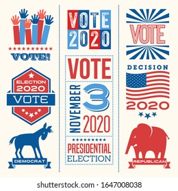 Patriotic design elements and motivational messages to encourage voting in United States 2020 election. For web banners, social media, posters, stickers