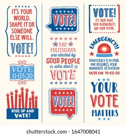 Patriotic design elements and motivational messages to encourage voting in United States 2020 election. For web banners, cards, posters, stickers