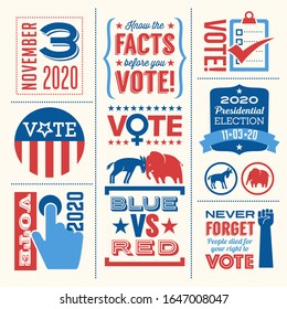 Patriotic design elements and motivational messages to encourage voting in United States 2020 election. For web banners, cards, posters, stickers, social media