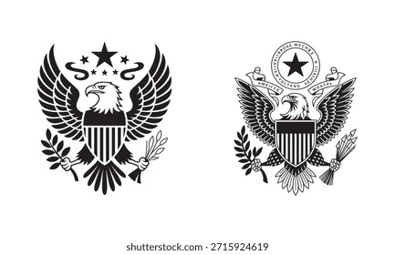 Diseño patriótico con un símbolo de águila. Ave nacional con estrellas y ramas de olivo. Emblema heráldico.