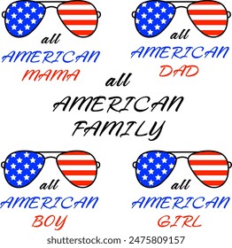 Patriotic Design Featuring USA Flag Sunglasses for all American Family Members, Mom, Dad, Boy, Girl. Perfect for Fourth of July and Showing American Pride.