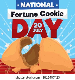 Patriotic design with shattered fortune cookie, paper and stars, promoting its National Day with a festive and delicious celebration in July 20.