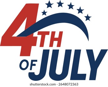 A patriotic design showing the date fourth of july with stars and curved lines in red and blue colors