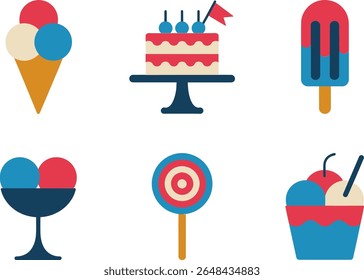 Patriotic dessert icon set. Cake, cupcakes, lollipops, sundae glasses, frozen snacks with stars and stripes in a clean flat design