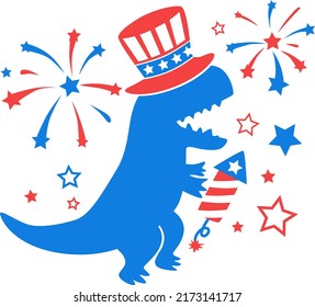 Patriotic Dinosaur illustation, 4th of July vector, USA T-Rex illustation, Dino American Flag, Independence Day, Kid