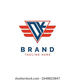 Patriotic DK Logo Initials. Letter DK Winged Logo. Red and Blue Triangle DK with Wing for Aviation, Delivery Services, Sports, Military and Security Agencies