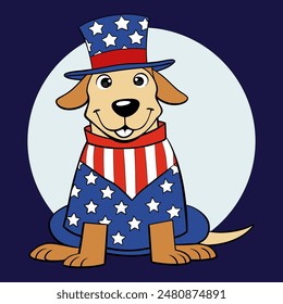 Patriotic dog wearing hat and costume in colors of the American flag, celebrating 4th July independence day. Cute cartoon patriotic animal character.