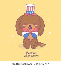 Patriotic dog wearing party hat and bow in colors of American flag. Funny holiday cartoon kawaii character. American Independence Day. Vector illustration.