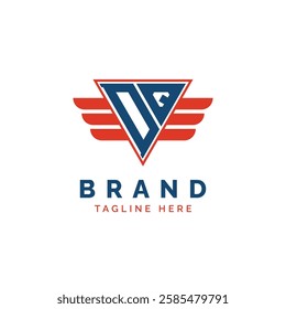 Patriotic DQ Logo Initials. Letter DQ Winged Logo. Red and Blue Triangle DQ with Wing for Aviation, Delivery Services, Sports, Military and Security Agencies