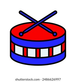 Patriotic drum icon. Red, white, and blue drum with crossed drumsticks. Celebration and parade concept.