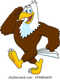 Patriotic Eagle Cartoon Character Marches. Vector Hand Drawn Illustration Isolated On Transparent Background