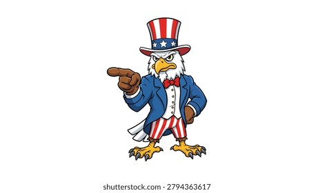Patriotic eagle dressed as uncle sam pointing finger with patriotic, pointing