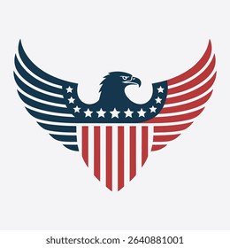 Patriotic eagle emblem design featuring American flag colors and stars.  Perfect for Independence Day, Memorial Day, or any patriotic celebration.