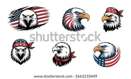 Patriotic Eagle Heads With American Flag Designs. Isolated On White background.