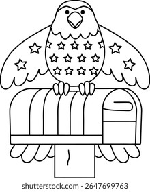 Patriotic Eagle Perched on Mailbox: A Black and White Line Art Drawing Celebrating American Pride and Postal Service