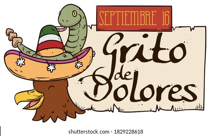 Patriotic eagle wearing a charro hat with snake and scroll celebrating  the Cry of Dolores or Mexico's Independence Day (texts written in Spanish).