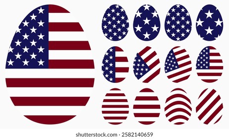 Patriotic Easter egg collection in US flag colors and patterns. Festive holiday cards, patriotic invitations, celebrating posters, party decor American-themed. Easter with a touch of American spirit