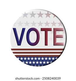 Patriotic election-themed button with the word “VOTE” in bold letters on a transparent background. Red, white, and blue stars and stripes represent the United States. Perfect for voting promotions.
