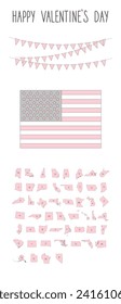 Patriotic elements for your Valentine's Day design. American flag, state maps, buntings flag are depicted in romantic pink color.
