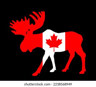 Patriotic emblem Canada flag over Moose deer vector silhouette illustration isolated on black background. Elk buck powerful deer antlers. Canadian national symbol. Souvenir mascot North America state.