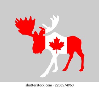 Patriotic emblem Canada flag over Moose deer vector silhouette illustration isolated on white background. Elk buck powerful deer antlers. Canadian national symbol. Souvenir mascot North America state.
