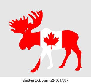 Patriotic emblem Canada flag over Moose deer vector silhouette illustration isolated on white background. Elk buck powerful deer antlers. Canadian national symbol. Souvenir mascot North America state.