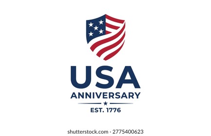A patriotic emblem featuring the American flag within a shield, with 'USA Anniversary' text and 'Est. 1776' below.