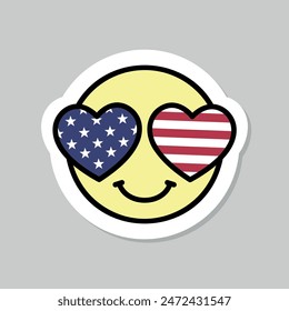 Patriotische Emoji, Streifen und Sterne Herzaugen Aufkleber, USA Fahnenfarben 4. Juli Vektorgrafik Designelement